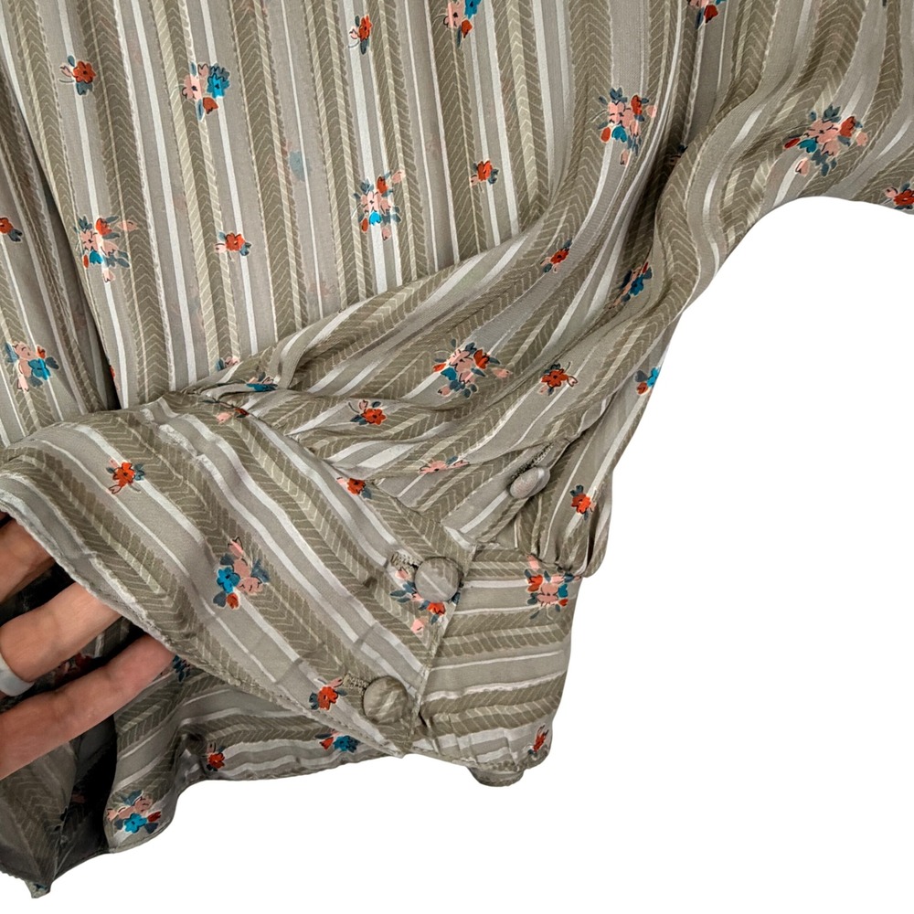 VTG 70s Jonathan Martin 80 S SHEER Beige Striped Floral Banded Crop Waist Blouse - Picture 7 of 12
